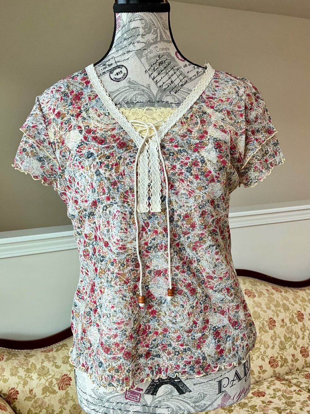 Tory Burch Cream Floral Lace-Trim Peasant Top